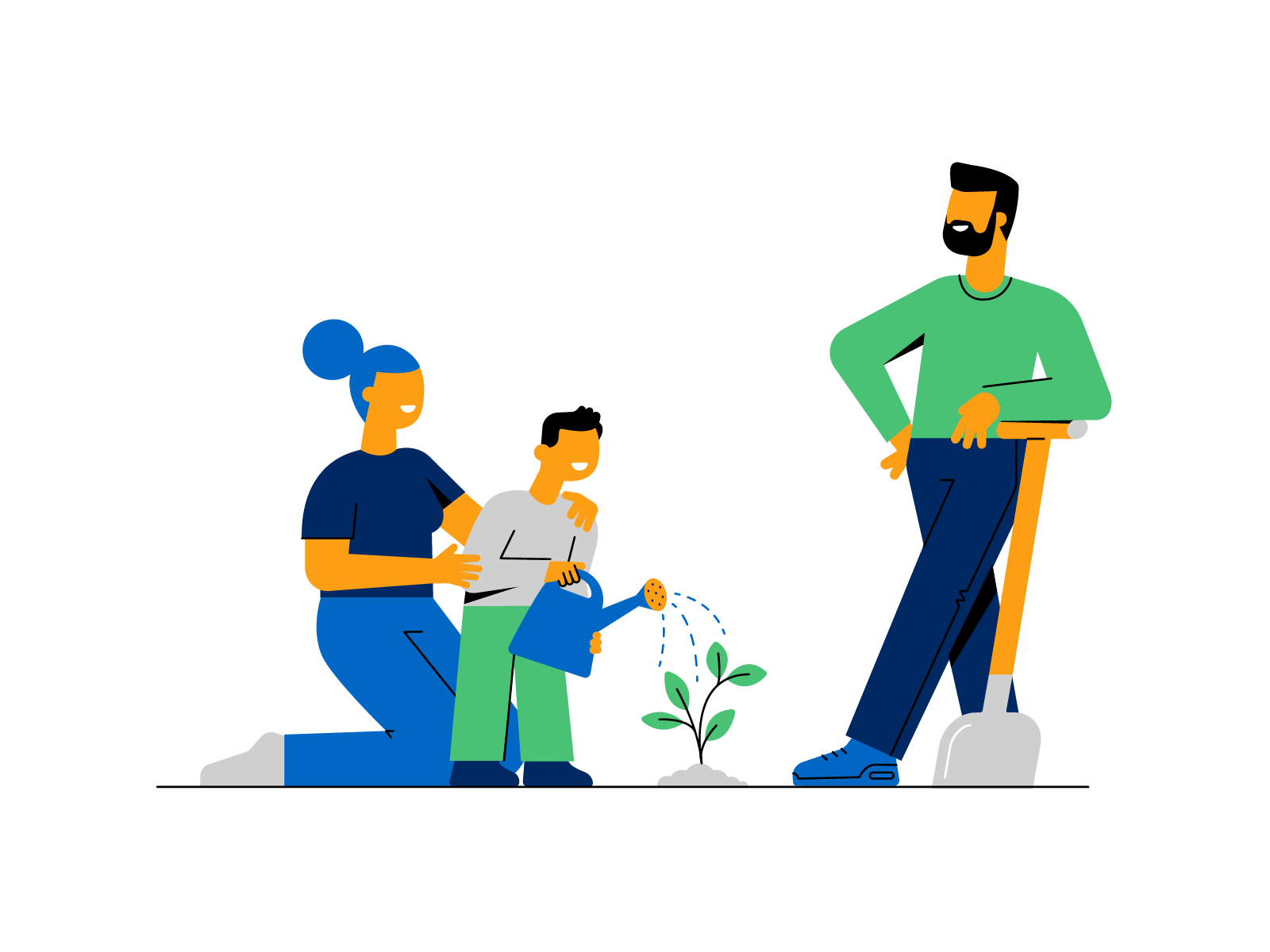 Gezin plant en verzorgt een boom, symbool voor duurzame groei bij een Nederlandse Spaarbank.