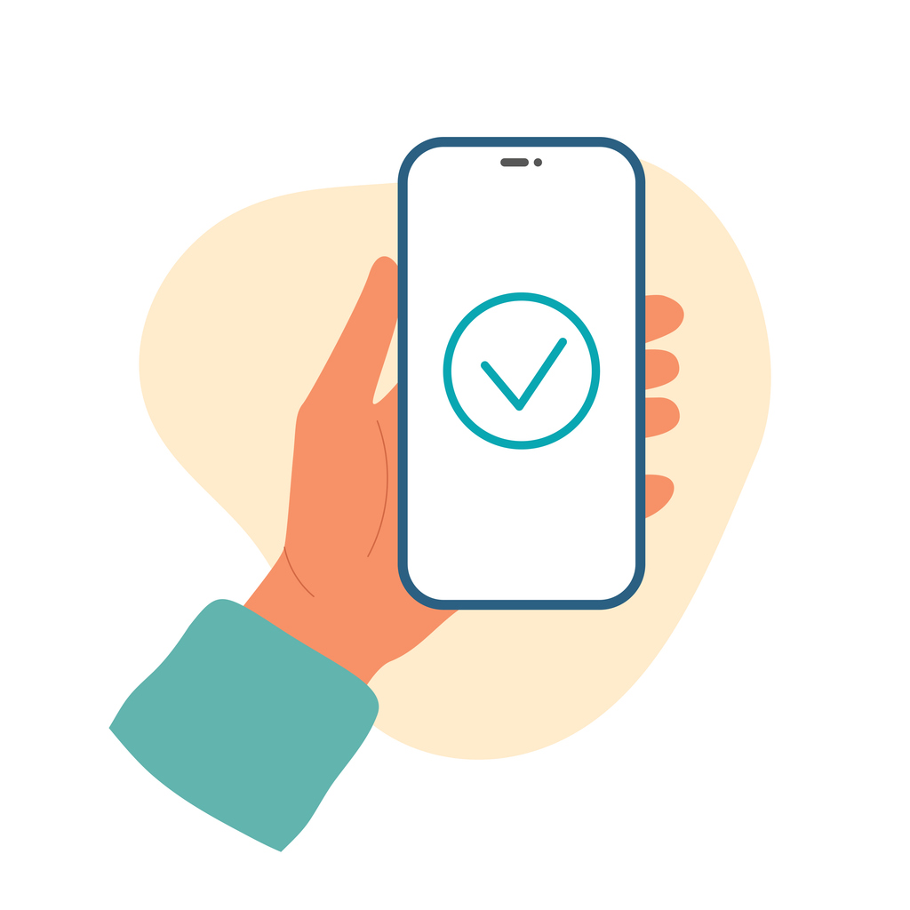Illustratie van een hand die een smartphone vasthoudt met een vinkje op het scherm – symbool voor succesvolle identificatie, veilige mobiel bankieren en snelle verificatie bij een spaarbank.
