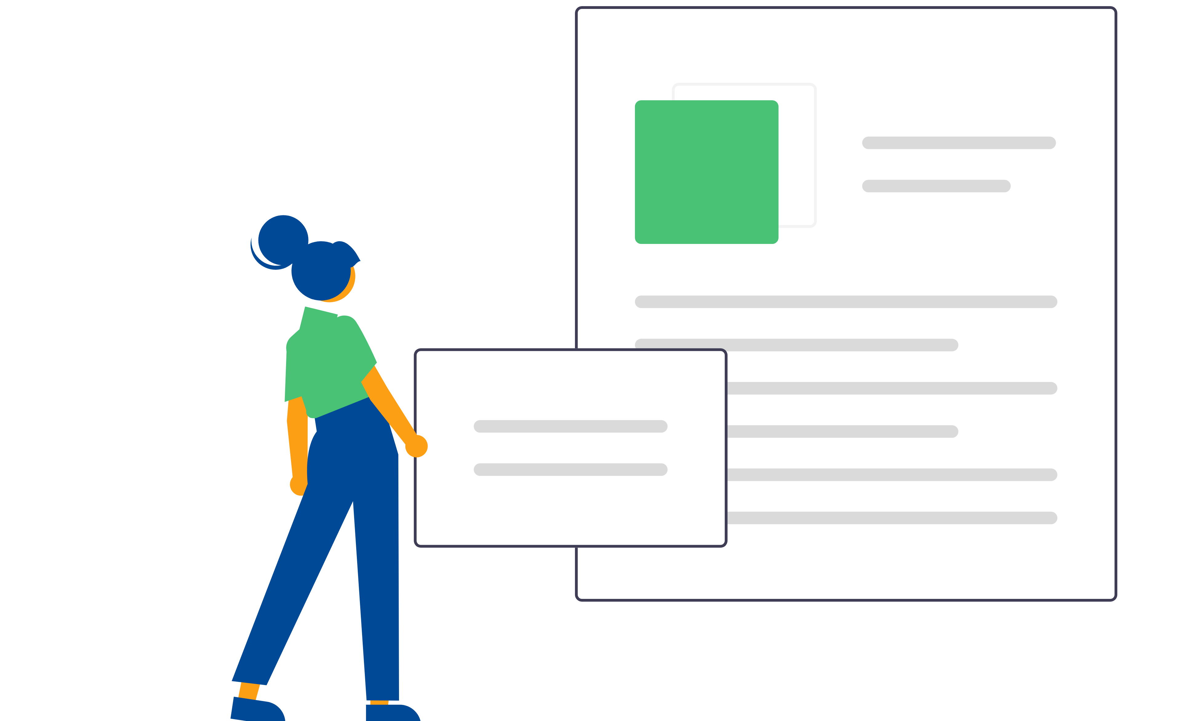 Illustratie van een vrouw die digitale contentblokken bekijkt en ordent op een scherm – symbool voor contentbeheer, gegevensstructurering en gebruiksvriendelijke interfaces.