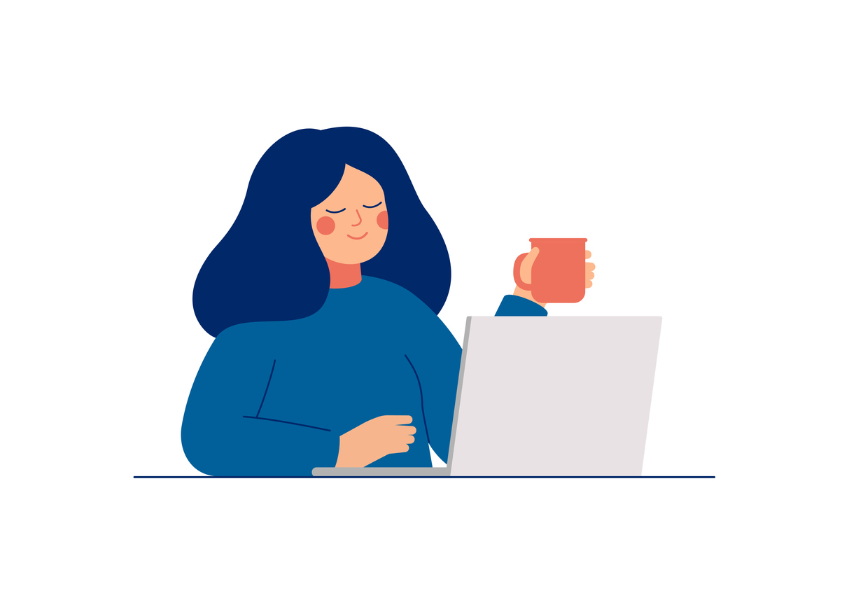 DHB Bank - Bankieren met een koffie Vrouw met koffie achter laptop, symbool voor online sparen bij een Nederlandse Spaarbank.