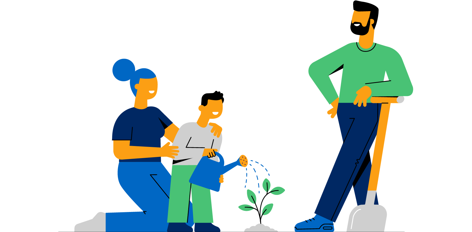 DHB Bank Groei Gezin plant en verzorgt een boom, symbool voor duurzame groei bij een Nederlandse Spaarbank.